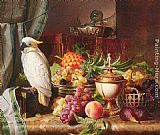 Josef Schuster Still Life With Fruit and a Cockatoo painting